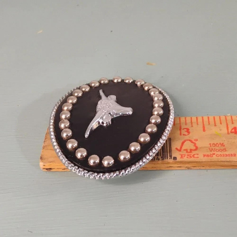 Rockmount Ranch Wear Western Longhorn Oval Belt Buckle Black Leather Stud Border